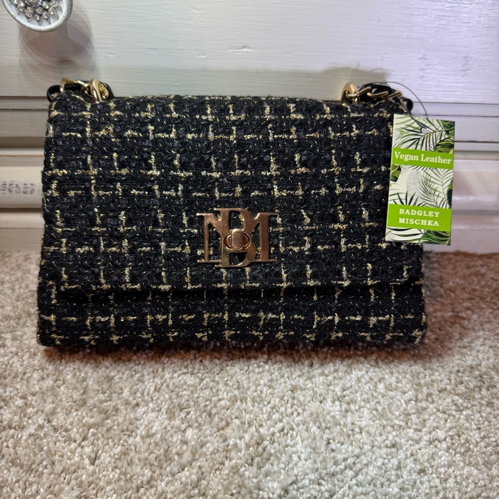 Badgley Mischka Woven Tweed Messenger Bag Gold/Black NWT
